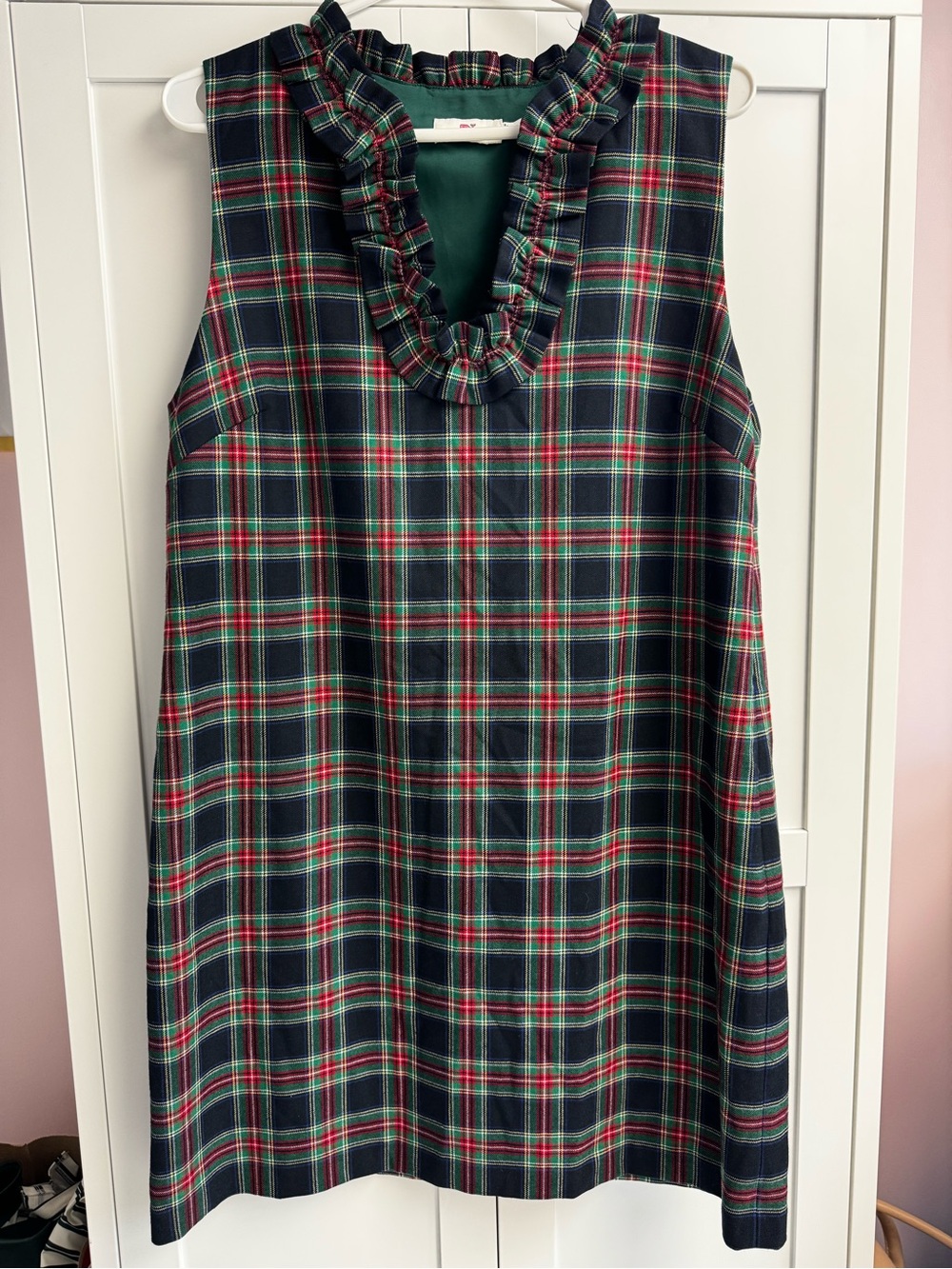 Vineyard Vines Navy, Green & Red Plaid Ruffle Neck Midi Dress Women’s